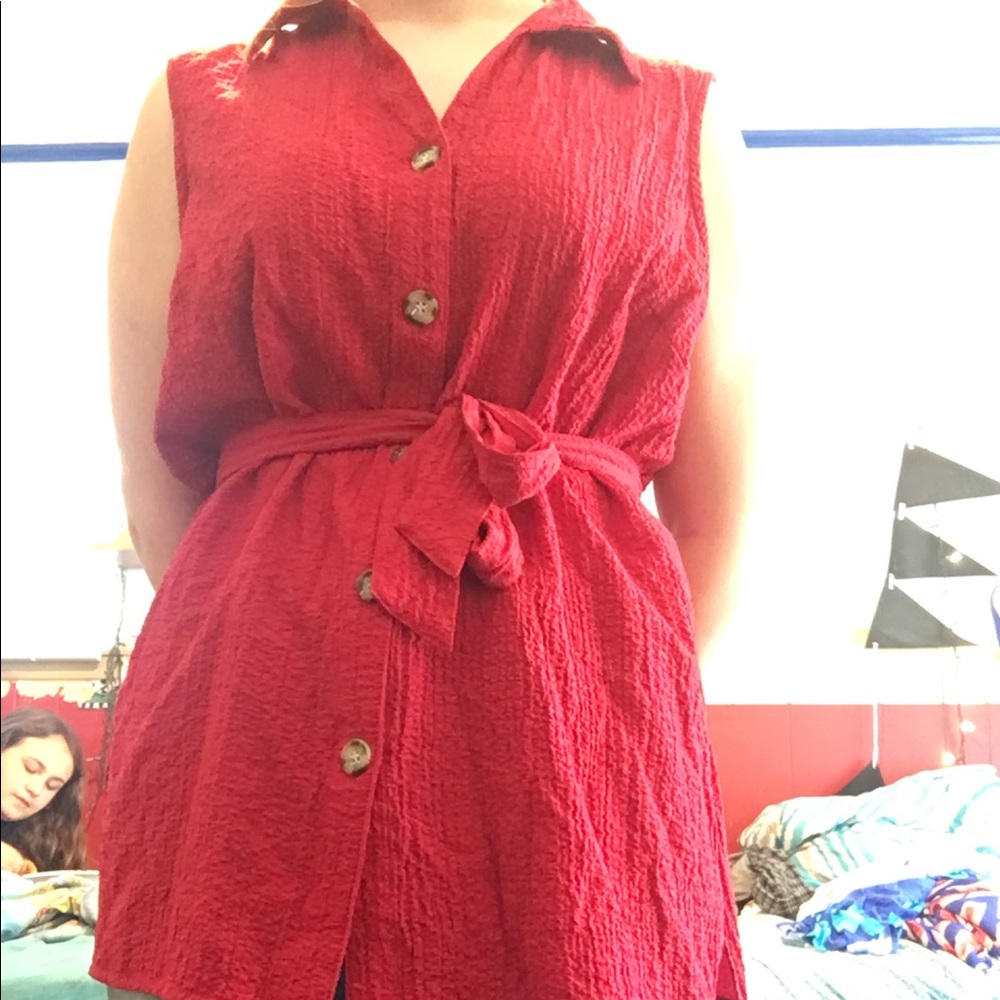 long red button up collared tee